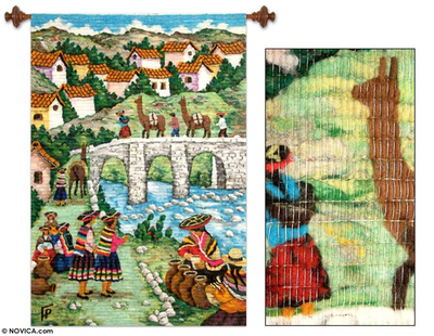 Wool tapestry, 'Women Selling Huaca Pots' - Wool tapestry