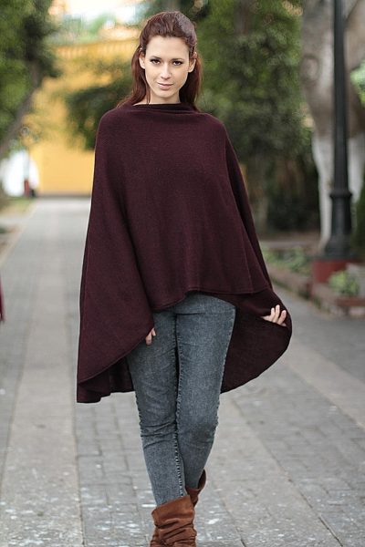 Alpaca blend wrap, 'Plum Wine' - Handmade Alpaca Wool Solid Burgundy Wrap Ruana