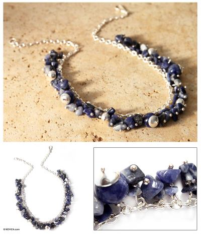 Sodalite choker, 'Indigo Spirit' - Sterling Silver Beaded Sodalite Necklace