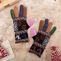 100% alpaca gloves, 'Autumn Songbirds' - Warm Multi Color 100% Alpaca Hand Knit Gloves from Peru