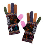 100% alpaca gloves, 'Autumn Songbirds' - Warm Multi Color 100% Alpaca Hand Knit Gloves from Peru