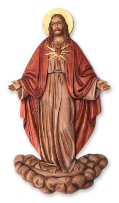 Cedar wall panel, 'Heart of Jesus' - Peruvian Christianity Cedar Wood Relief Panel