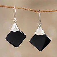 Obsidian dangle earrings, 'Synthesis' - Protection Sterling Silver Dangle Obsidian Earrings