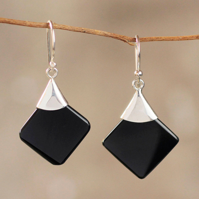 Obsidian dangle earrings, 'Synthesis' - Protection Sterling Silver Dangle Obsidian Earrings