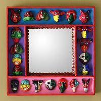 Mirror, 'Party of Masks' - Ceramic and Wood Frame Wall Mirror