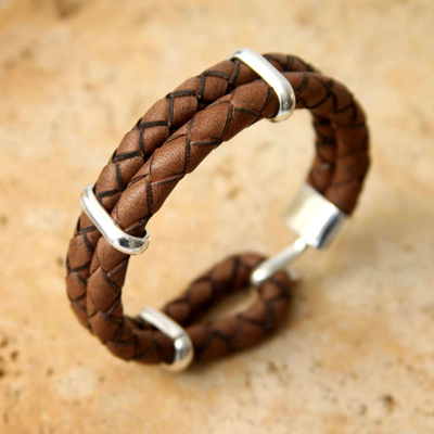 Men's leather bracelet, 'Provocative' - Leather with Sterling Silver Wristband Bracelet