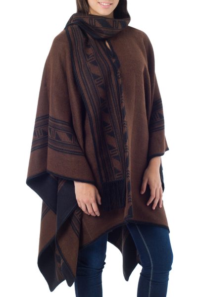 Reversible alpaca blend poncho, 'Ancient Earth' - Handmade Alpaca Wool Brown Poncho from Peru