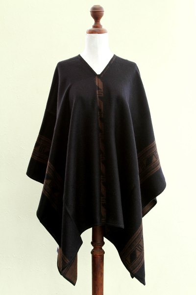 Reversible alpaca blend poncho, 'Brown Black Glyphs' - Women's Alpaca Wool Poncho from Peru