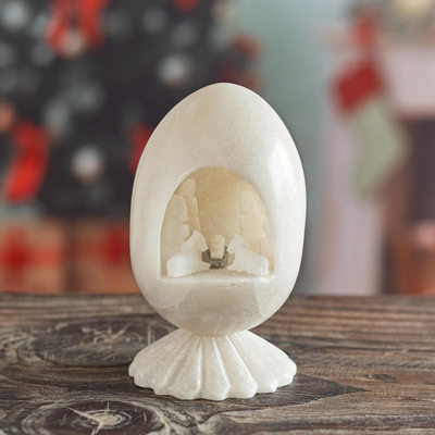 Huamanga stone nativity scene, 'Holiday of Peace and Love' - Carved White Huamanga Stone Nativity Egg Sculpture Peru
