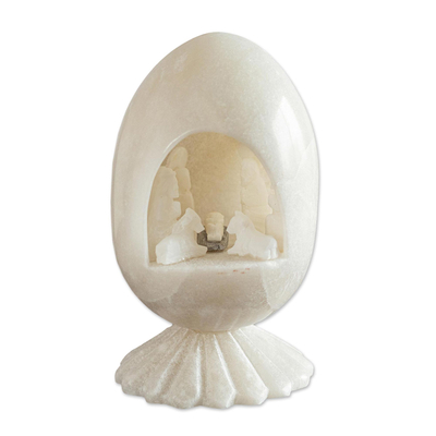 Belén de piedra de Huamanga - Escultura de huevo de natividad de piedra huamanga blanca tallada Perú
