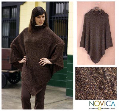 Alpaca poncho, 'Cozy Earth' - Alpaca Wool Solid Hooded Poncho