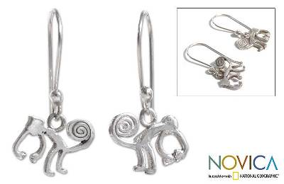 Earrings, 'Playful Nazca Monkeys' - Fine Silver Dangle Monkey Earrings from Peru