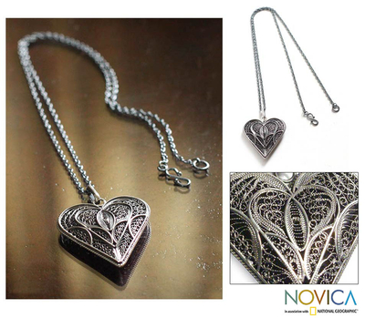 Silver filigree heart necklace, 'Heart Full of Love' - Fair Trade Heart Shaped Sterling Silver Pendant Necklace