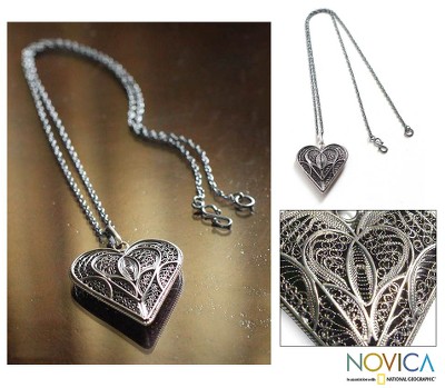 Sterling silver filigree heart necklace, 'Heart Full of Love' - Fair Trade Heart Shaped Sterling Silver Pendant Necklace