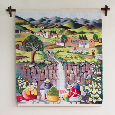Tapiz de lana, 'Junto al arroyo' - Tapiz de lana cultural hecho a mano para colgar en la pared.