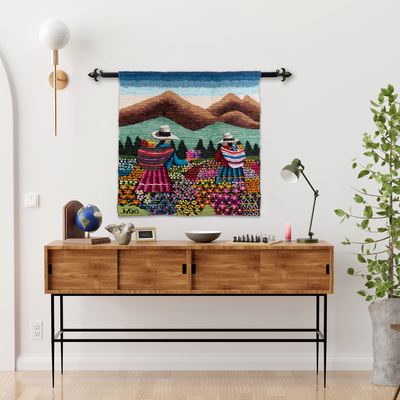Wool tapestry, 'Women Picking Flowers' - Floral Wool Tapestry Wall Hanging