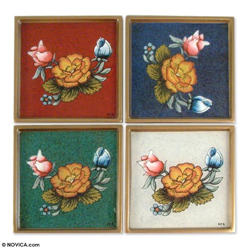 Kiva Store Painted glass coasters (Set of 4) Roses