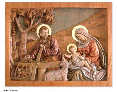 Cedar relief panel, 'Sacred Family Life' - Cedar relief panel
