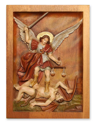Cedar relief panel, 'Archangel Michael' - Cedar relief panel