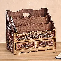 Leather desk organizer, 'Songbirds' - Colonial Leather and Wood Desk Organizer Office Accessory