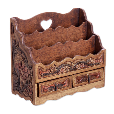 Leather desk organizer, 'Songbirds' - Colonial Leather and Wood Desk Organizer Office Accessory