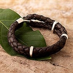 Men's Sterling Silver and Braided Leather Bracelet, 'Furrows'