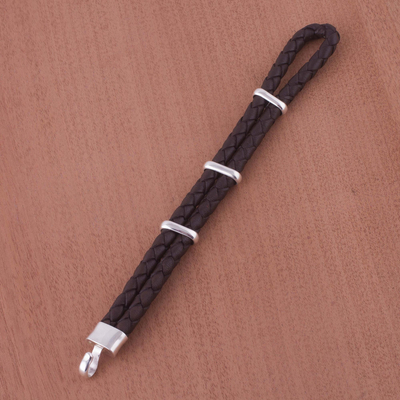 Men's leather bracelet, 'Furrows' - Men's Sterling Silver and Braided Leather Bracelet