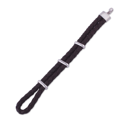 Men's leather bracelet, 'Furrows' - Men's Sterling Silver and Braided Leather Bracelet