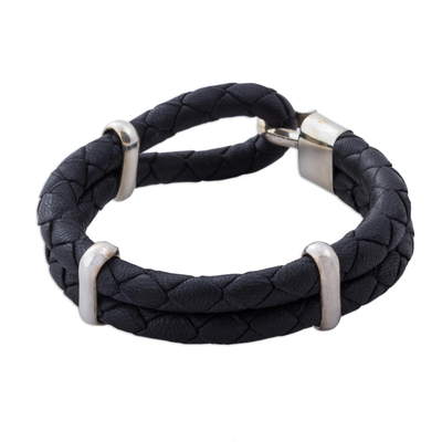 Men's leather bracelet, 'Night's Paths' - Artisan Crafted Leather and Sterling Silver Braided Bracelet