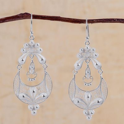Silver filigree earrings, 'Crescent Moon Bloom' - Floral Fine Silver Filigree Earrings