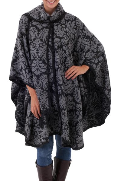Reversible alpaca blend ruana cloak, 'Night Shadows' - Handcrafted Alpaca Wool Patterned Grey Poncho