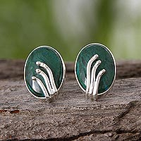 Chrysocolla button earrings, 'Loyal Friendship' - Sterling Silver Button Chrysocolla Earrings