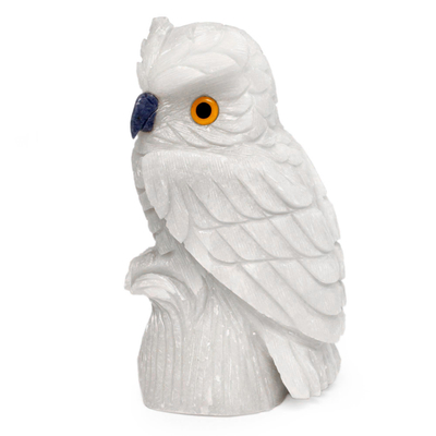 Onyx statuette, 'Midnight Owl' - White Onyx Owl Bird Sculpture