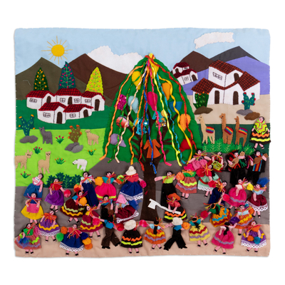 Wandbehang mit Applikation, „Festival“ – Volkskunst-Wandbehang aus Baumwolle