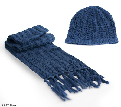 100% alpaca scarf and hat, 'Periwinkle Blue' - Hand Made Alpaca Wool Scarf and Hat Winter Set