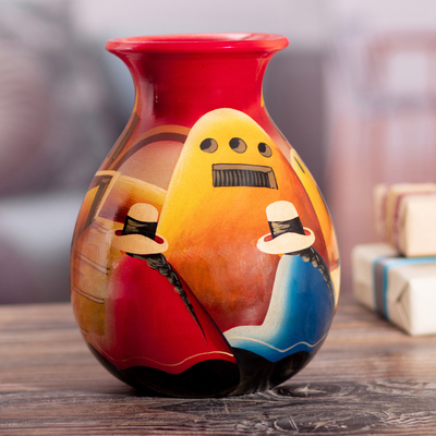 Jarrón de ceramica - Jarrón de cerámica colorido cuzco hecho a mano.