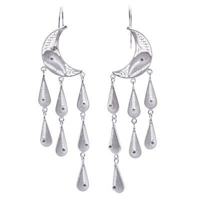 Silver waterfall earrings, 'Temptations' - Artisan Crafted Moon Fine Silver Chandelier Earrings