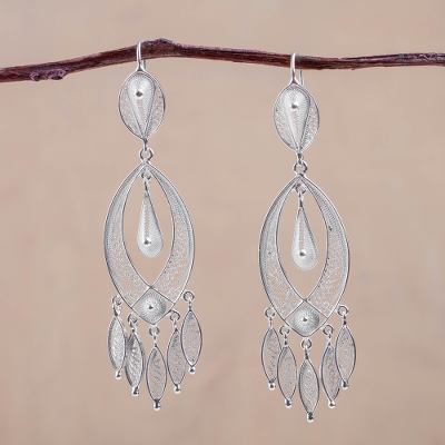 Silver chandelier earrings, 'White Autumn' - Fine Silver Chandelier Earrings