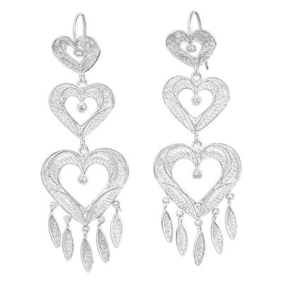 Silver filigree earrings, 'Heart Shower' - Handcrafted Heart Shaped Fine Silver Filigree Earrings