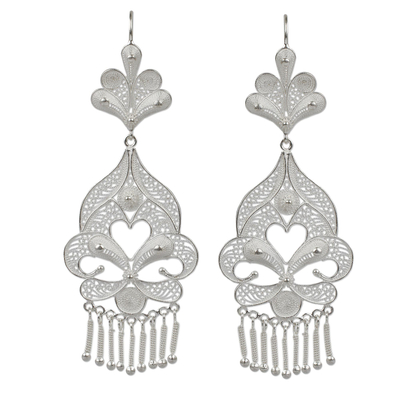 Silver chandelier earrings, 'Path of Flowers' - Artisan Crafted Fine Silver Filigree Earrings