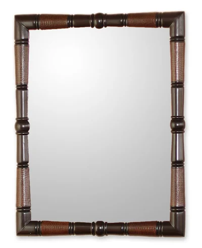 Mohena wood and leather mirror, 'Ancestral' - Contemporary Artisan Hand Tooled Leather and Wood Mirror