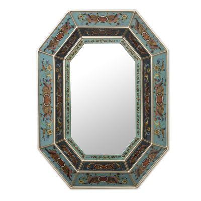Mirror, 'Sky Blue' - Elegant Handcrafted Reverse Painted Glass Mirror