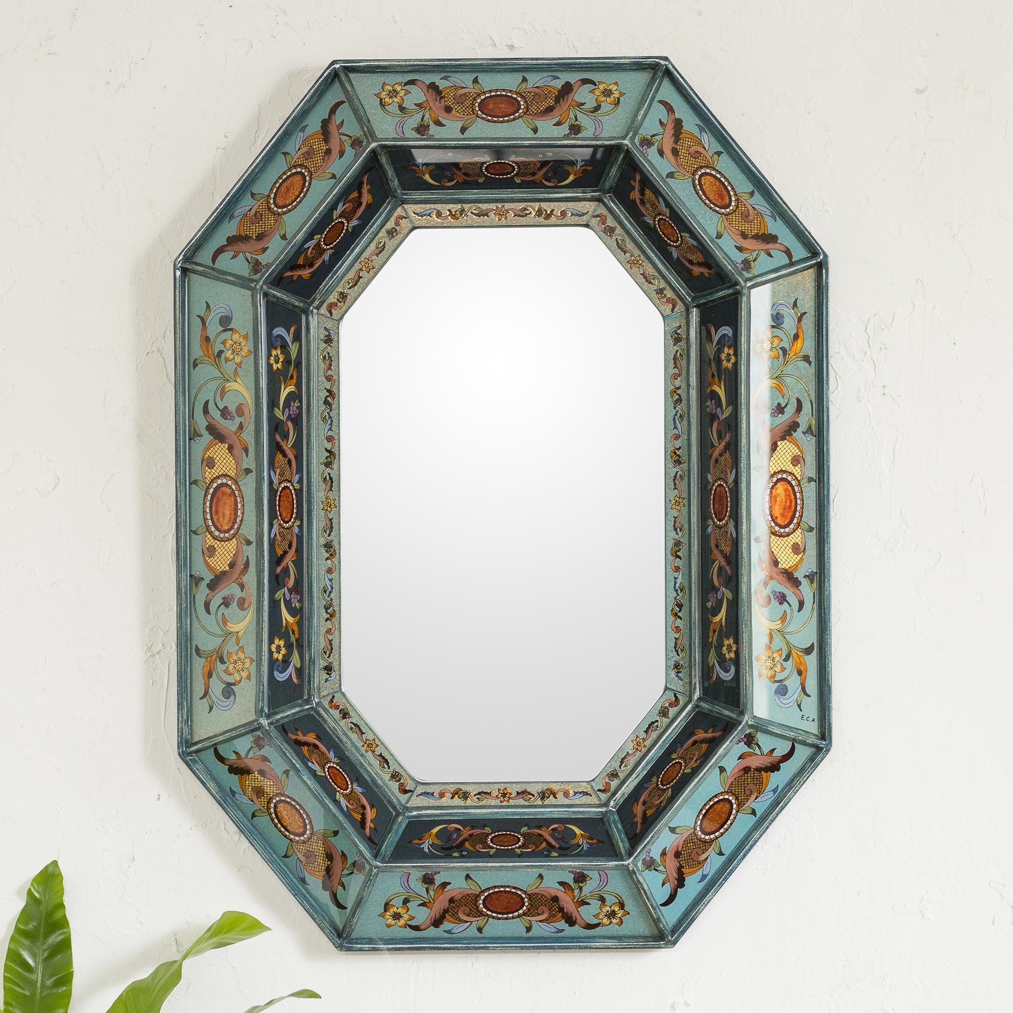 UNICEF Market Reverse Painted Glass Wall Mirror Medallion Sea