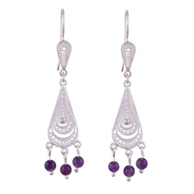 Amethyst chandelier earrings, 'Constellations' - Hand Made Amethyst and Fine Silver Filigree Earrings