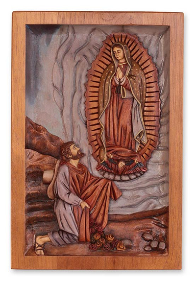 Cedar wall panel, 'Lady of Guadalupe and Juan Diego' - Christianity Wall Panel of Lady of Guadalupe and Juan Diego