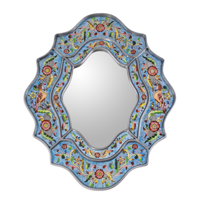 Reverse painted glass wall mirror, 'Blue Sky' - Artisan Made Reverse Painted Glass Wall Mirror