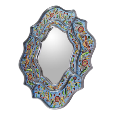 Reverse painted glass wall mirror, 'Blue Sky' - Artisan Made Reverse Painted Glass Wall Mirror