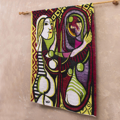 Tapiz de lana, 'Mujer en el espejo' - Tapiz cubista moderno hecho a mano en Perú