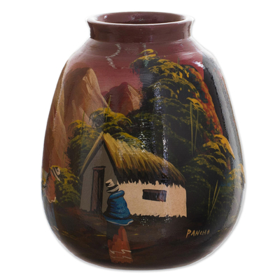 Ceramic vase, 'The Cottage' - Hand Painted Cuzco Ceramic Vase