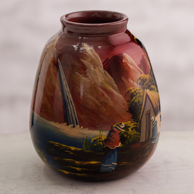 Ceramic vase, 'The Cottage' - Hand Painted Cuzco Ceramic Vase